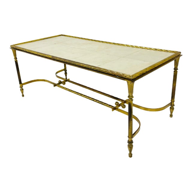 Mid 20th Century Brass Parchment Top Cocktail Table For Sale