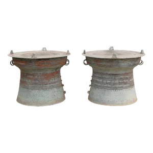 Mid-20th Century Pair of Large Southeast Asian Rain Drum Side Tables