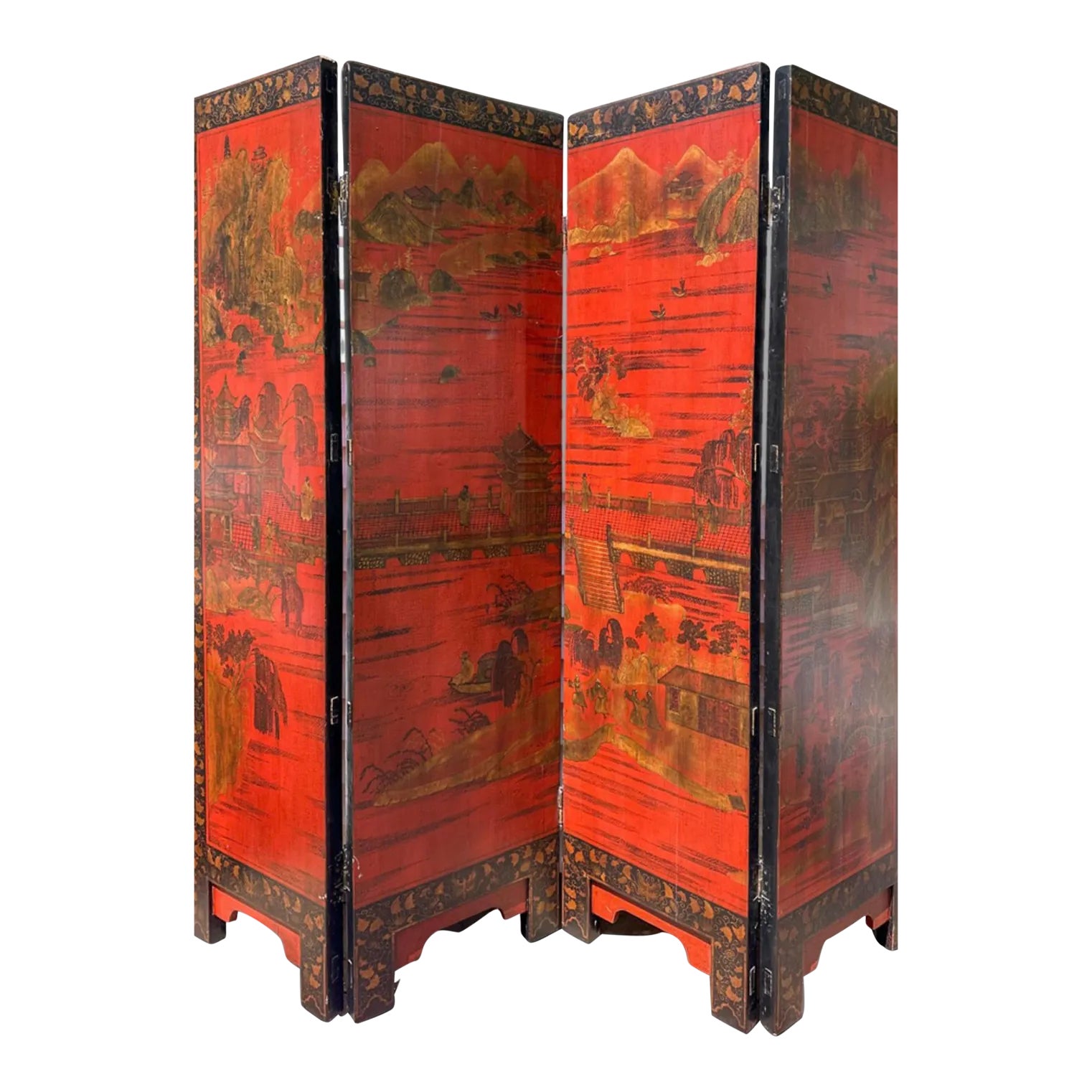 Chinese Red & Gold Painted Lacquer 4 Panel Screen With Black