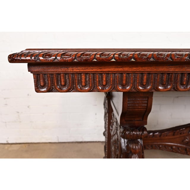 R. J. Horner Style Antique Italian Renaissance Carved Walnut Desk or Library Table With Lion Paw Feet, Circa 1890s For Sale In South Bend - Image 6 of 11