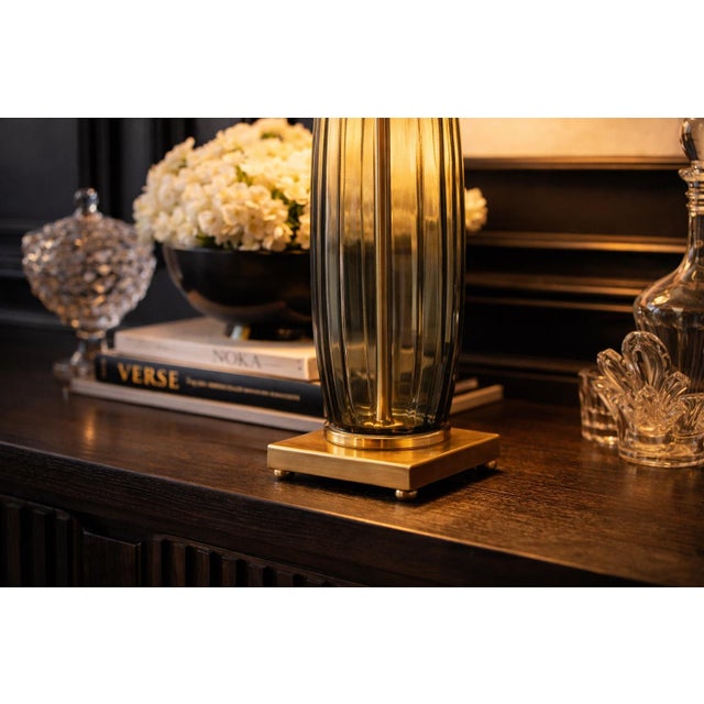 Late 20th Century Extra-Tall Ribbed Smoky Glass & Solid Brass Table Lamps – 31” Designer Scale - a Pair For Sale - Image 9 of 12