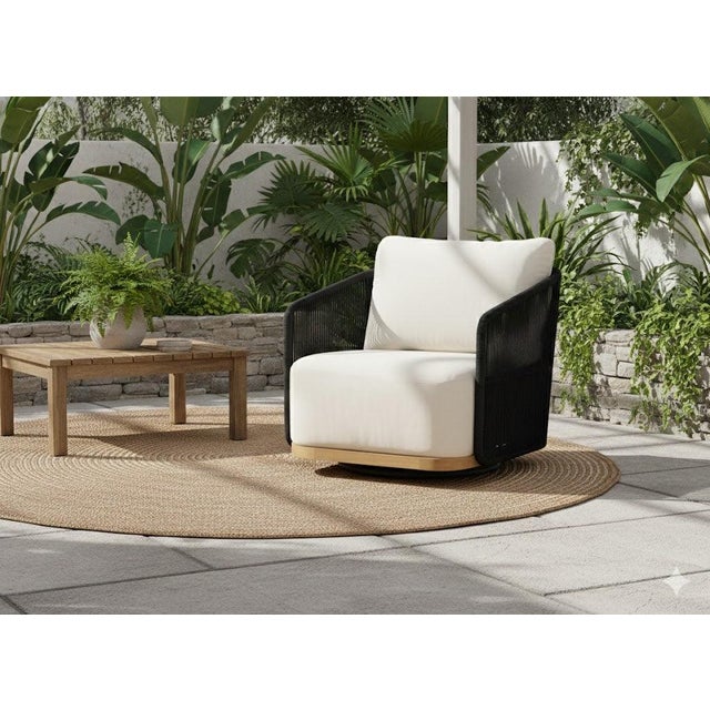 Alpine Teak Wood Modern Swivel Outdoor Arm Chair – Black For Sale In Chicago - Image 6 of 9