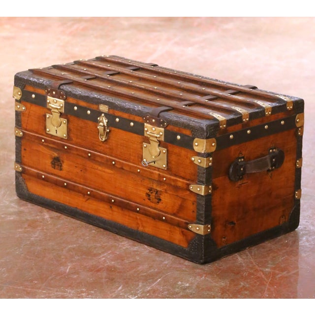 Wood 19th C. French Parisian Travel Trunk Coffee Table With Brass and Iron Hardware For Sale - Image 7 of 16