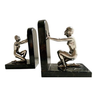 Art Deco Women in Silver on Marble Bookends - A Pair For Sale