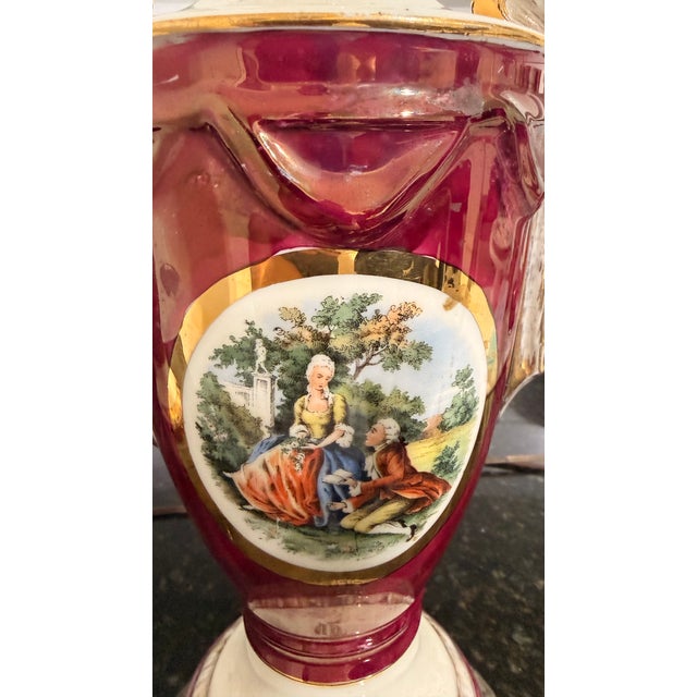 Vintage Ruby Porcelain Courting Scene Table Lamps With Gilt Accents — Pair For Sale - Image 12 of 12
