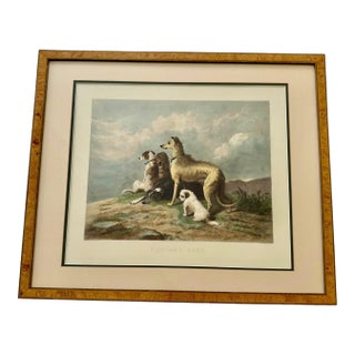 1880 Hand-Colored Engraving "Highland Dogs" After Sir Edwin Landseer in Custom Burlwood Frame For Sale