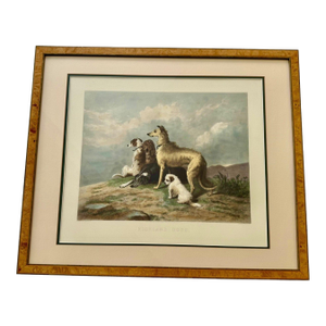 1880 Hand-Colored Engraving "Highland Dogs" After Sir Edwin Landseer in Custom Burlwood Frame