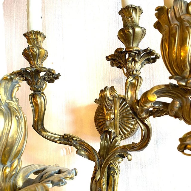 Pair 19th Century French Rococo Revival Gilt Bronze Five-Light Wall Sconces For Sale - Image 10 of 11