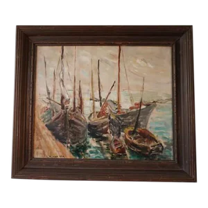 Rose Kuper - New York Plein Air Oil on Canvas - Boats at Their Mooring Dated 1930