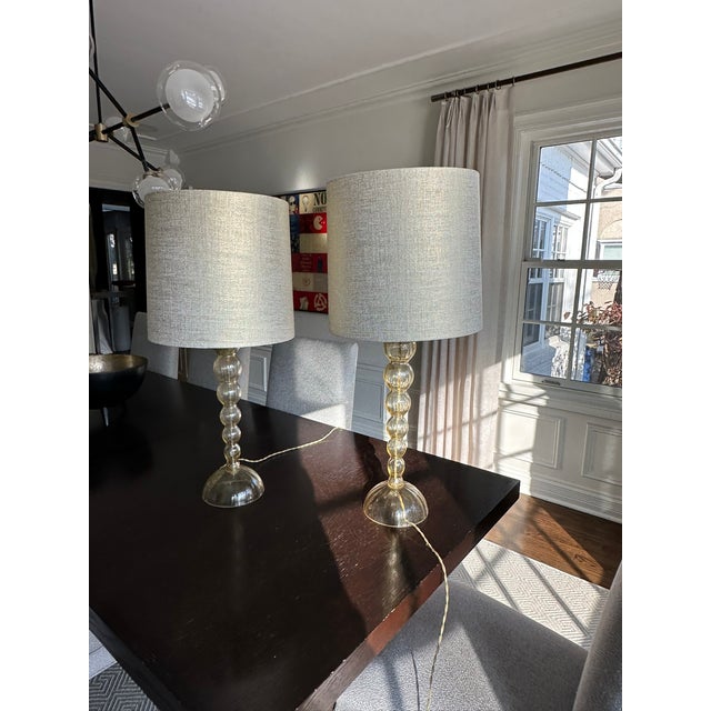 2010s Pair of Donghia Stacked Glass Table Lamps With Silk Shades – Sculptural Elegance For Sale - Image 5 of 9