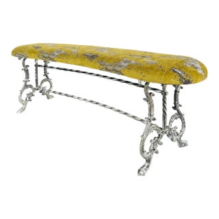 Antique Silver Gilt Cast Iron Curved Bench With Newly Upholstered Seat Cushion For Sale