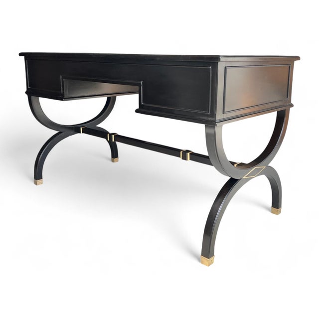 Vintage Hollywood Regency Style Ebonized Desk With Green Leather Top and Brass Details For Sale - Image 15 of 15
