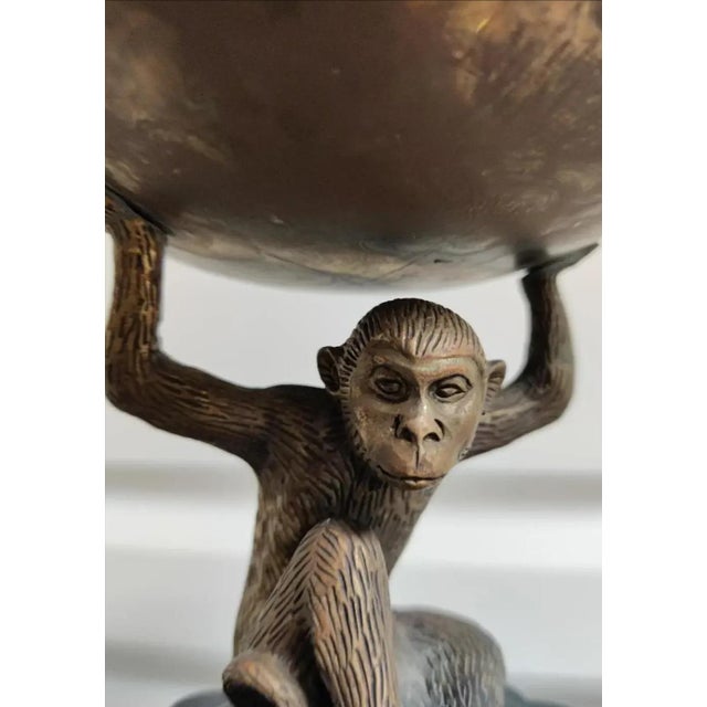 Late 20th Century Vintage Ornate Tall Fluted Scalloped Brass Candle Torchières With Monkey - A Pair For Sale - Image 5 of 8