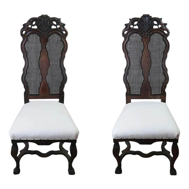 Antique Baroque Dutch Carved Walnut Bergère Side Chairs, 1740s, Set of 2 For Sale