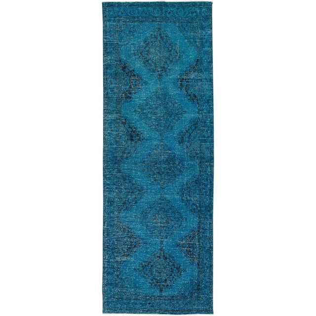 Vintage Overdyed Handmade Teal Wool Runner With Tribal Design For Sale - Image 11 of 11