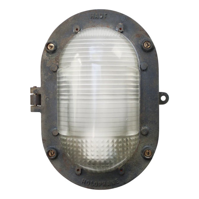 Vintage Industrial French Grey Cast Iron & Frosted Cut Glass Wall Light by Holophane, France For Sale