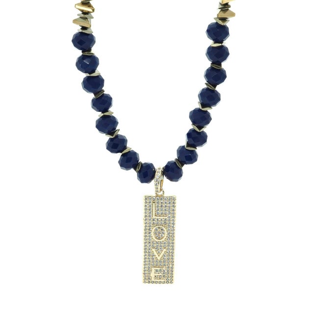 Forever Loved Gold Pendant Blue Beaded Necklace For Sale - Image 12 of 12