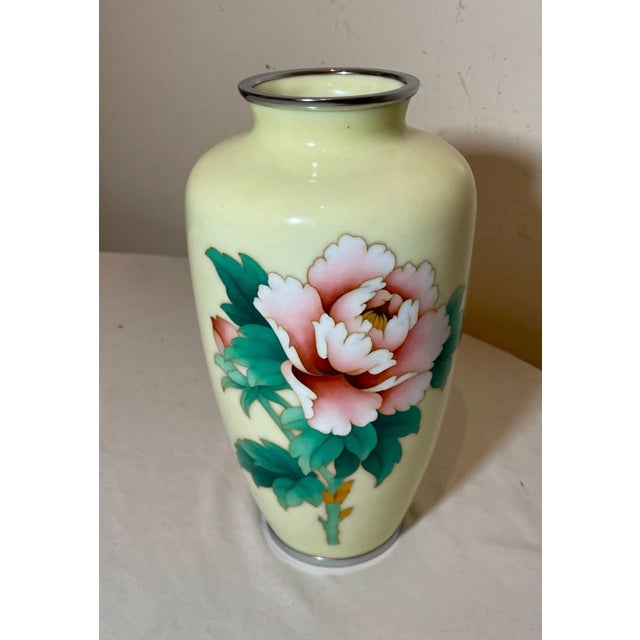 Paint Vintage Signed Japanese Handmade Yellow Enamel Silver Floral Cloisonné Vase Urn For Sale - Image 7 of 12
