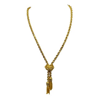 14k Solid Yellow Gold Adjustable Rope Lariat Slider Stopper Chain Y Necklace 53G For Sale