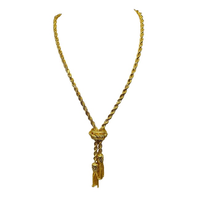 14k Solid Yellow Gold Adjustable Rope Lariat Slider Stopper Chain Y Necklace 53G For Sale