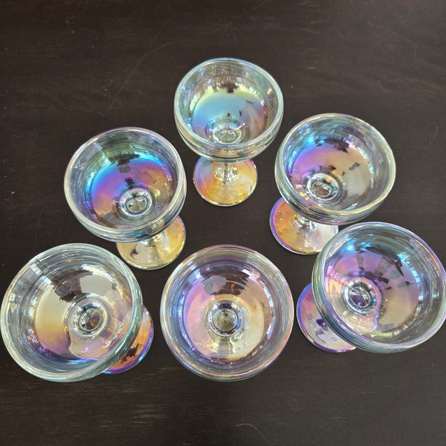 Mid-Century Modern Late 20th Century Space Age Vietri Iridescent Champagne Coupe Glasses Goblets 5 3/8" Heavier Weight - Set of 6 For Sale - Image 3 of 9