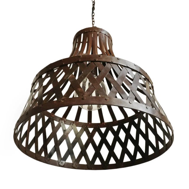 Metal Vintage Iron Basket Strap Pendant Light For Sale - Image 7 of 11