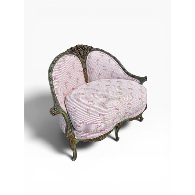 Pink Antique French-Style Settee With Pink & Green Floral Upholstery For Sale - Image 8 of 9