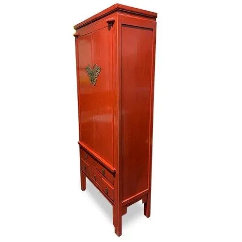 Chinese 1980s' Asian Ming Style Red Lacquer Tall Cabinet For Sale - Image 3 of 6