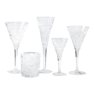 Set of 60 Modernist Etched Crystal Glasses by Stuart With Neoclassical Detailing
