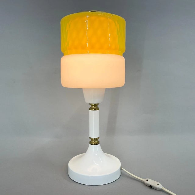 Tall Yellow & White Glass Table Lamp with Brass Details attributed to Drukov, 1970s For Sale - Image 3 of 12
