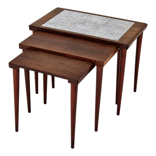 Rosewood Nesting Tables with Ceramic Tiles, Denmark, 1960s, Set of 3 For Sale