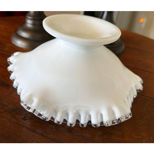 Vintage Milk Glass With Clear Ruffle Edges Fruit Bowl Candy Dish Cottage MCM For Sale - Image 6 of 7