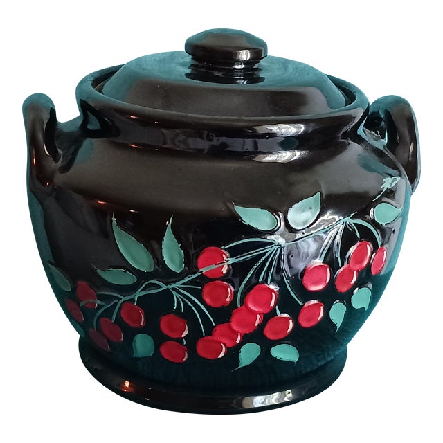 Striking 1940's Black and Floral Stoneware Cookie Jar or Beanpot For Sale