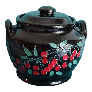 Striking 1940's Black and Floral Stoneware Cookie Jar or Beanpot