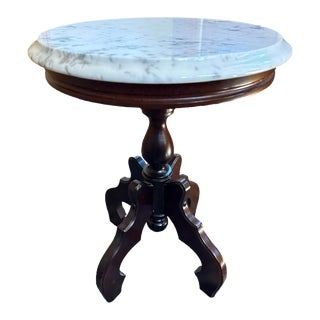 Mid 20th Century Victorian Marble and Mahogany Round Accent Table Plant Stand For Sale