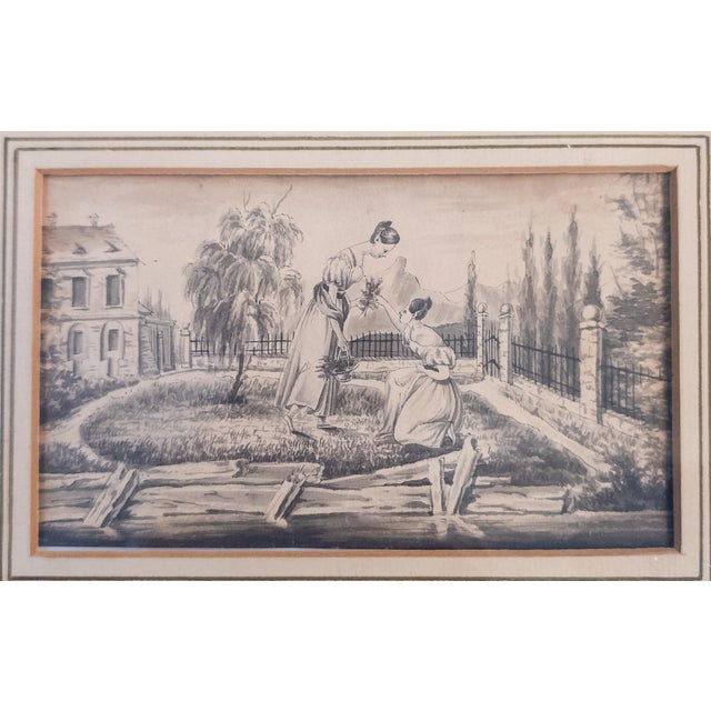 English 19th Century European English Pen and Ink Genre Scene With Women in a Garden For Sale - Image 3 of 15