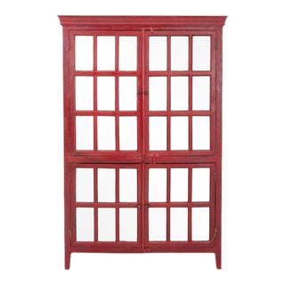 Red Painted Wooden Bookcase Curio Cabinet For Sale
