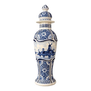 Antique 1911 Royal Delft De Porceleyne Fles Lidded Vase With Panoramic Dutch Landscape For Sale