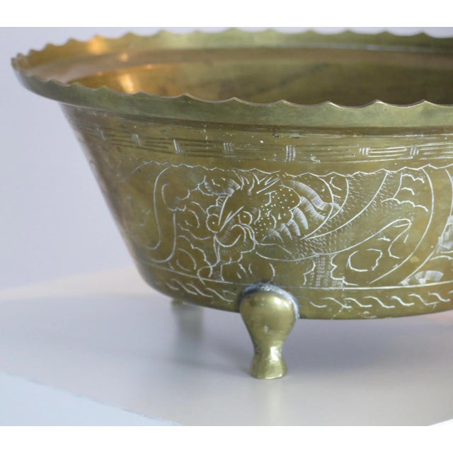 Early 20th Century Large Chinese Antique Etched Brass Bowl For Sale - Image 5 of 7