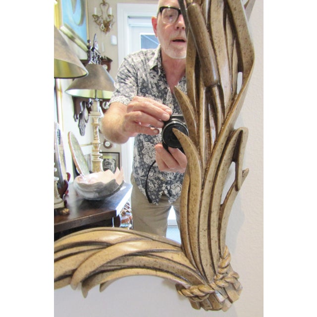 Rare Large Cattail Circa 1960s Italian Hand Carved Wood Mirror, Hollywood Regency For Sale In Miami - Image 6 of 8