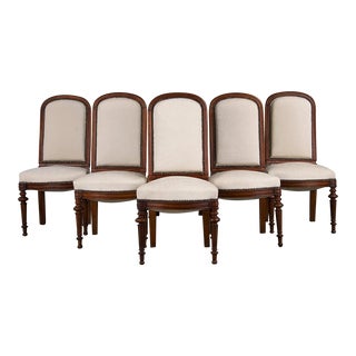 Antique French Napoleon III Style Walnut Dining Chairs W/ Cream Chenille - Set of 6 For Sale