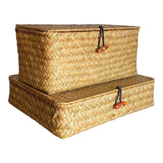 Hand Woven Seagrass Rattan Organizational Baskets / Boxes - a Pair For Sale