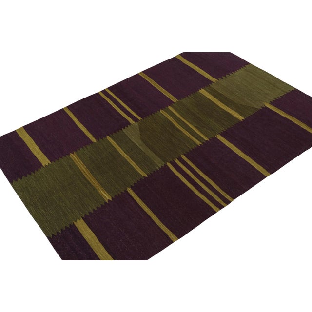Rug & Kilim Rug & Kilim’s Contemporary Kilim in Aubergine and Chartreuse Green Stripes For Sale - Image 4 of 7