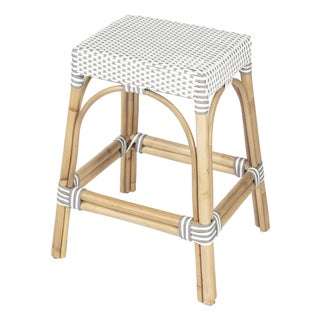 Robias 24.5 in. Seat Height Rectangular Rattan Backless Counter Stool with Footrest, Gray/White Dot / Natural Rattan Frame For Sale