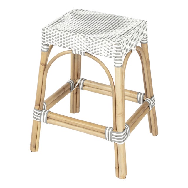 Robias 24.5 in. Seat Height Rectangular Rattan Backless Counter Stool with Footrest, Gray/White Dot / Natural Rattan Frame For Sale