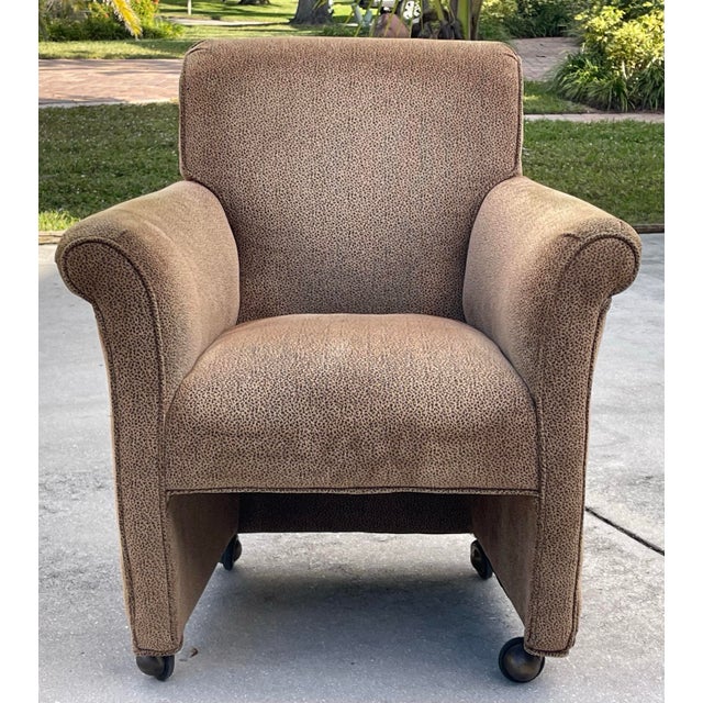 Postmodern Vintage English Rolled Arm Club Chairs With Brass Shepherd Casters | Set of 4 For Sale - Image 3 of 12