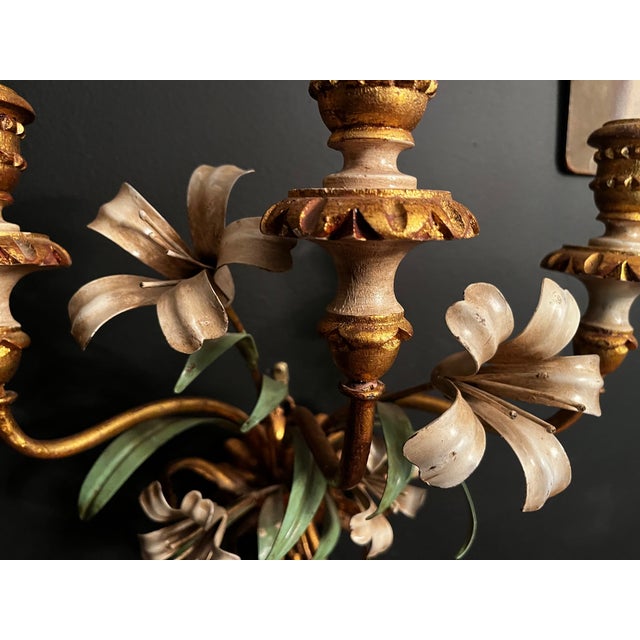Mid 20th Century Italian Tole Floral Gilt Sconces - A Pair For Sale - Image 5 of 9