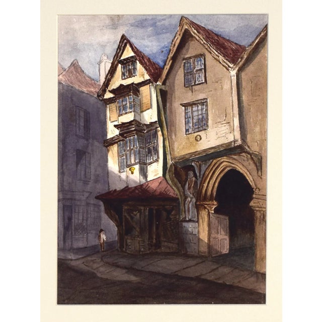 Realism Antique English Watercolor Painting of Tudor House Cityscape Late 19th Century For Sale - Image 3 of 8