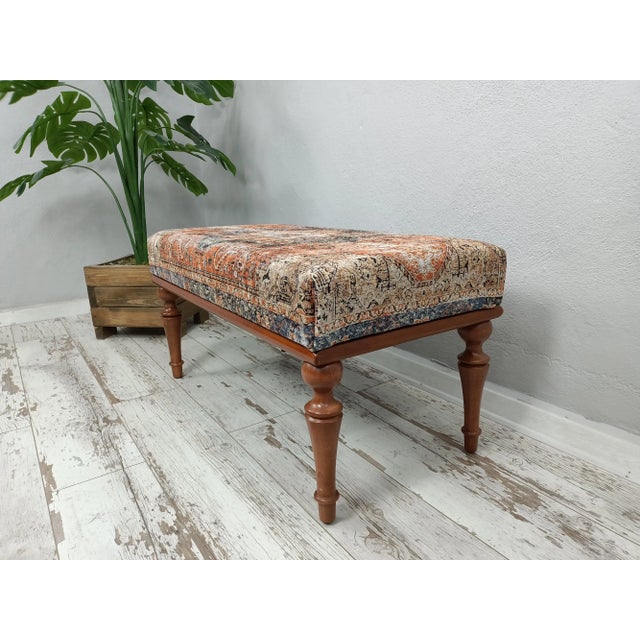 Burnt Orange Bohemian Rug Upholstered Piano Bench For Sale - Image 8 of 10