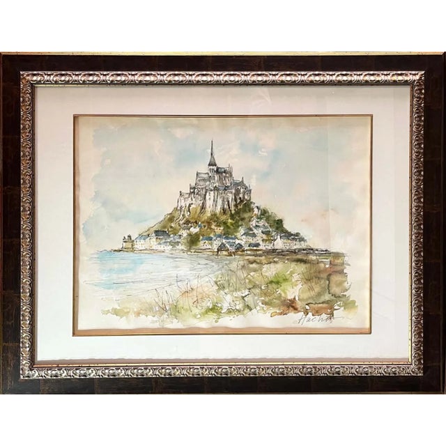 1970s Urbain Huchet Mont Saint Michel Original Watercolor Painting Framed For Sale - Image 4 of 4
